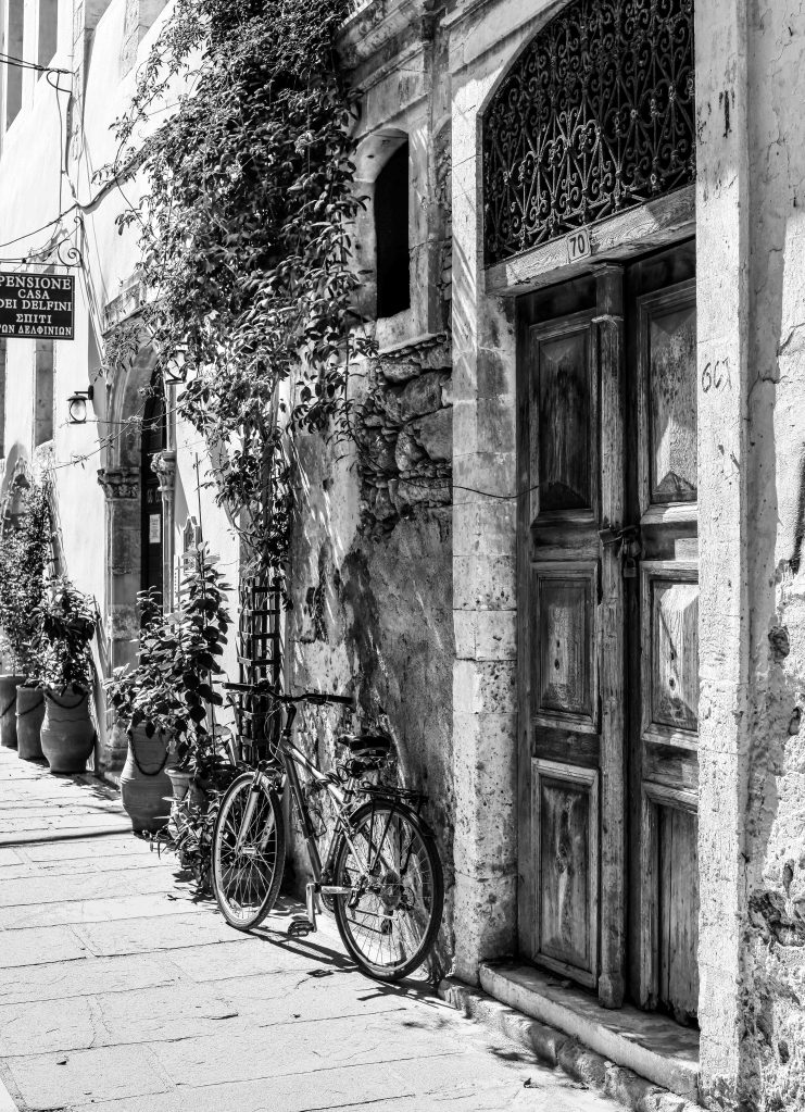 Bicycle and doorcase, Old Town, Rethymno, Crete